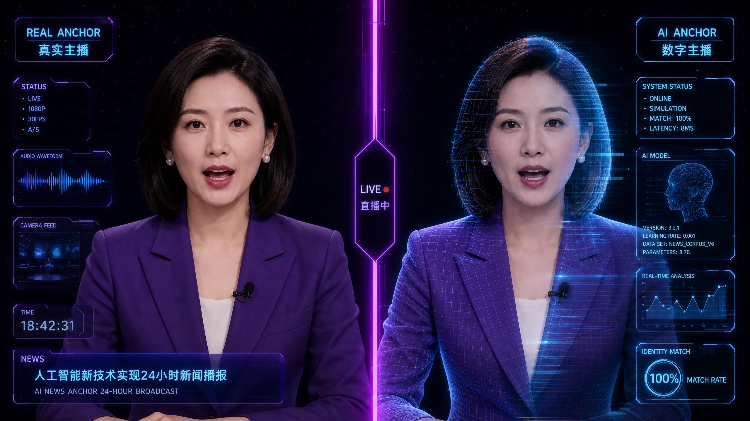 真人主播与AI数‍字人克​隆同步对比展示